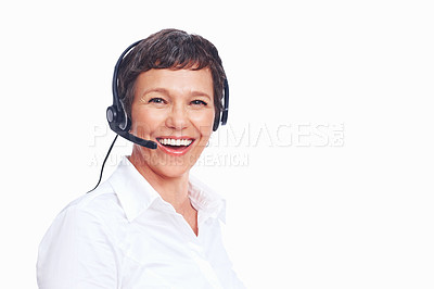 Buy stock photo Portrait, mature woman and customer service agent with headset, smile and confidence as consultant. Female person, pride and career for support, commercial or advice on white background in Australia