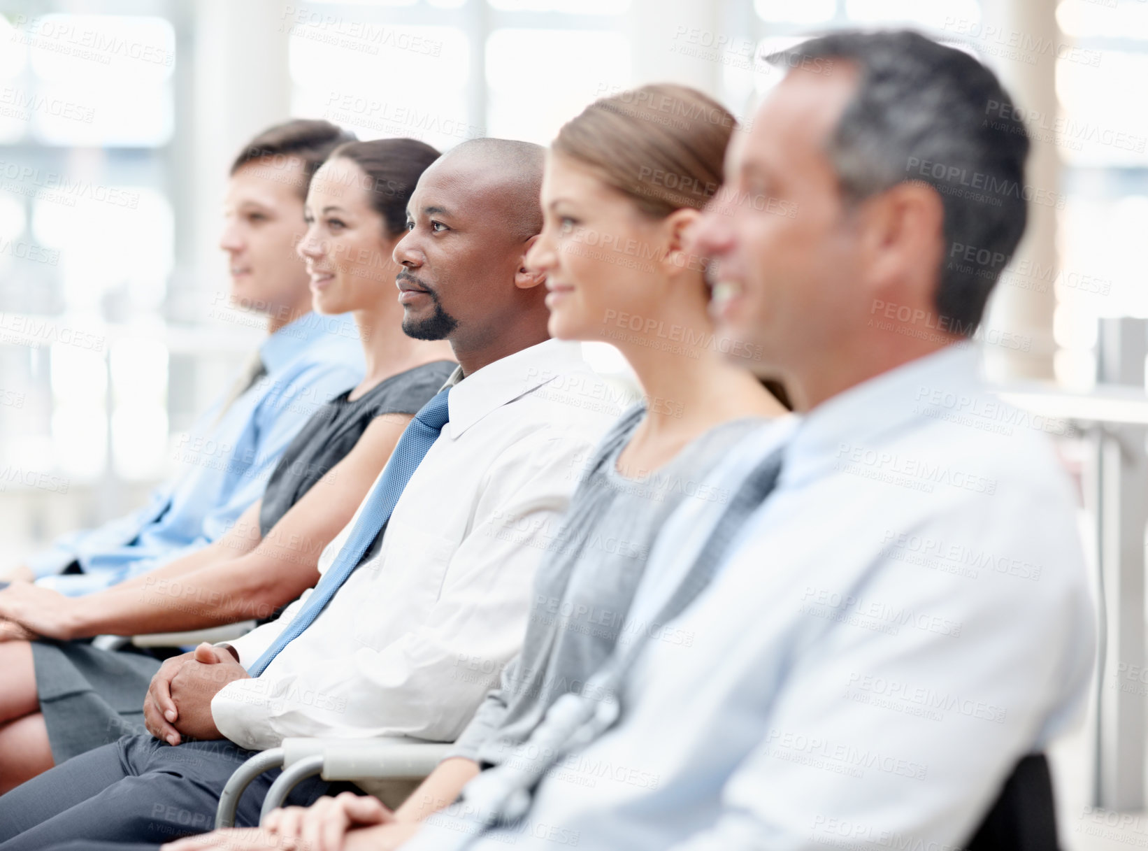 Buy stock photo Listening, diversity and business people in audience for seminar, workshop or conference. Group, employees or colleagues in presentation for staff training, development or convention at workplace