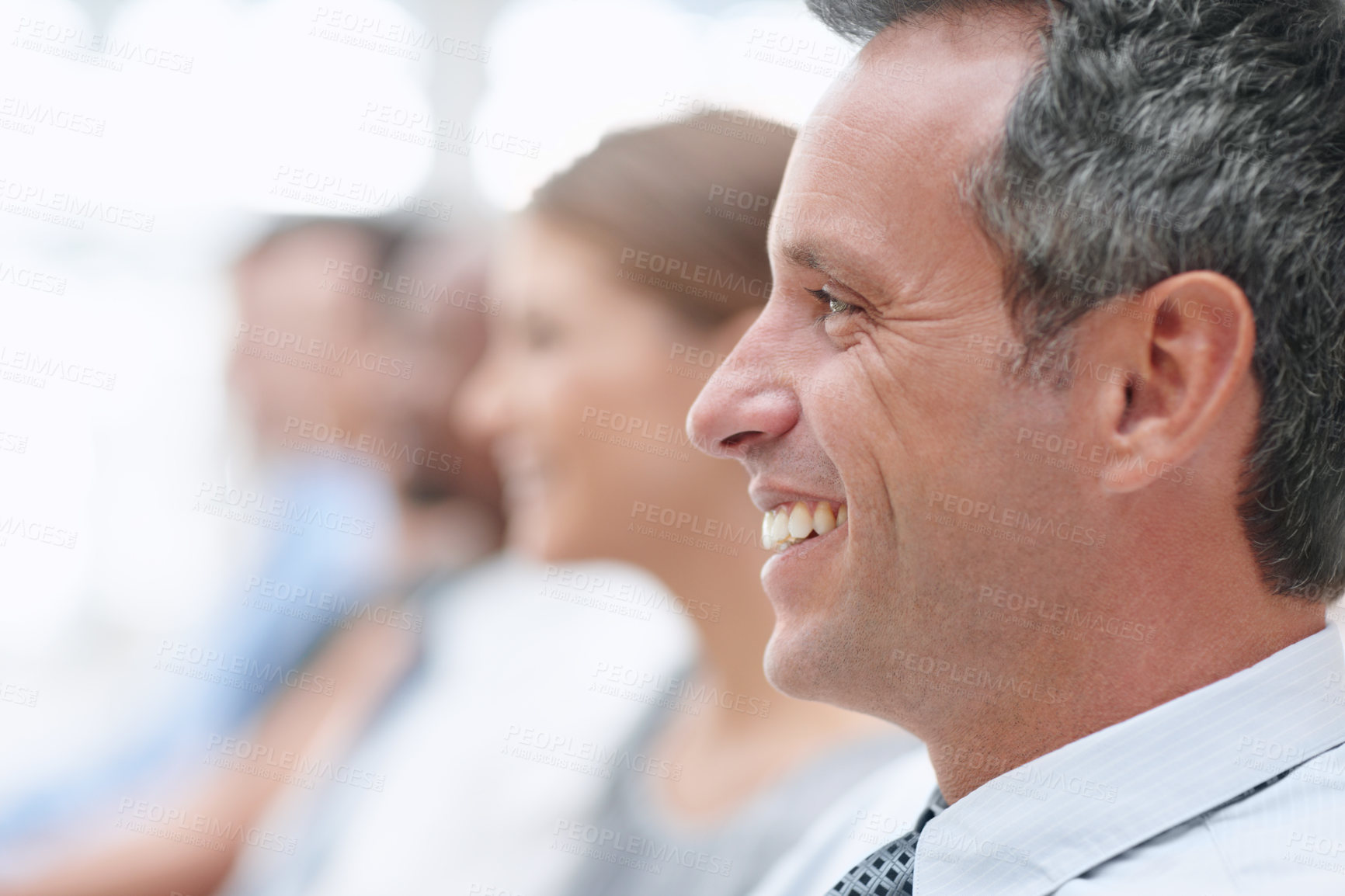 Buy stock photo Listening, mature and businessman in audience for seminar, workshop or learning in conference. Happy, profile or smile in presentation for staff training, development ideas or convention at workplace