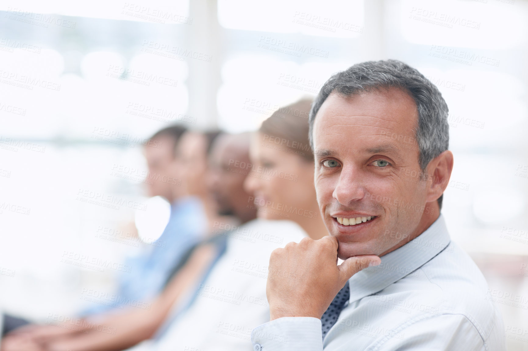 Buy stock photo Portrait, mature and businessman in audience for workshop, seminar or learning in conference. Happy, face or smile in presentation for staff training, development ideas or convention at workplace