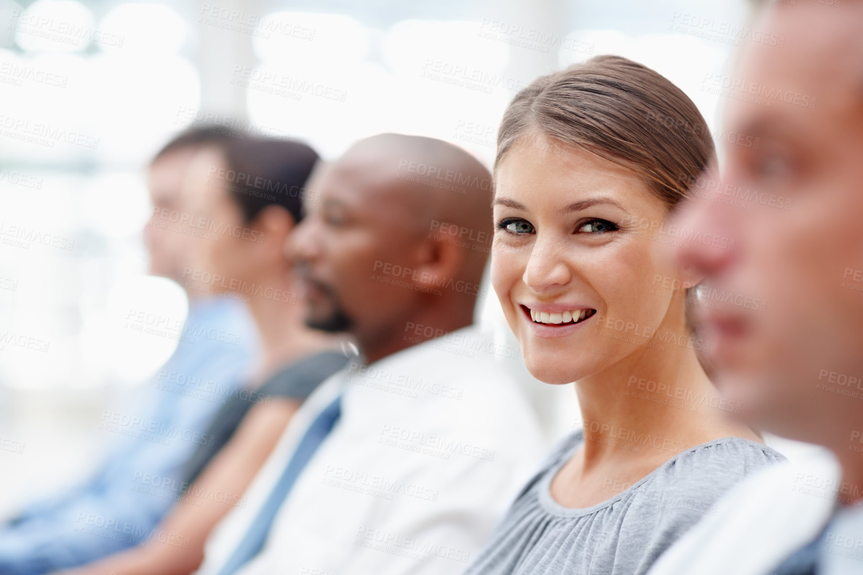 Buy stock photo Portrait, happy and businesswoman in audience for seminar, workshop or learning in conference. Employees, smile or proud intern in presentation for staff training, development or convention in office