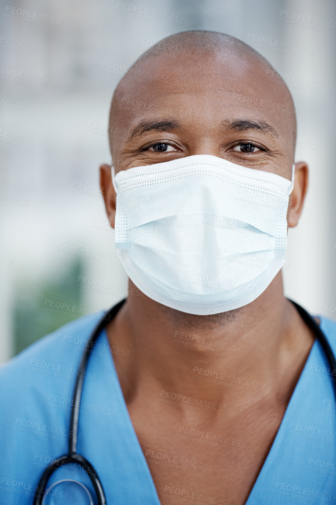 Buy stock photo Doctor,  portrait and black man for face mask in hospital of healthcare service, ppe safety and compliance. Person, medical or protection for virus risk, health danger and rules of wellness treatment