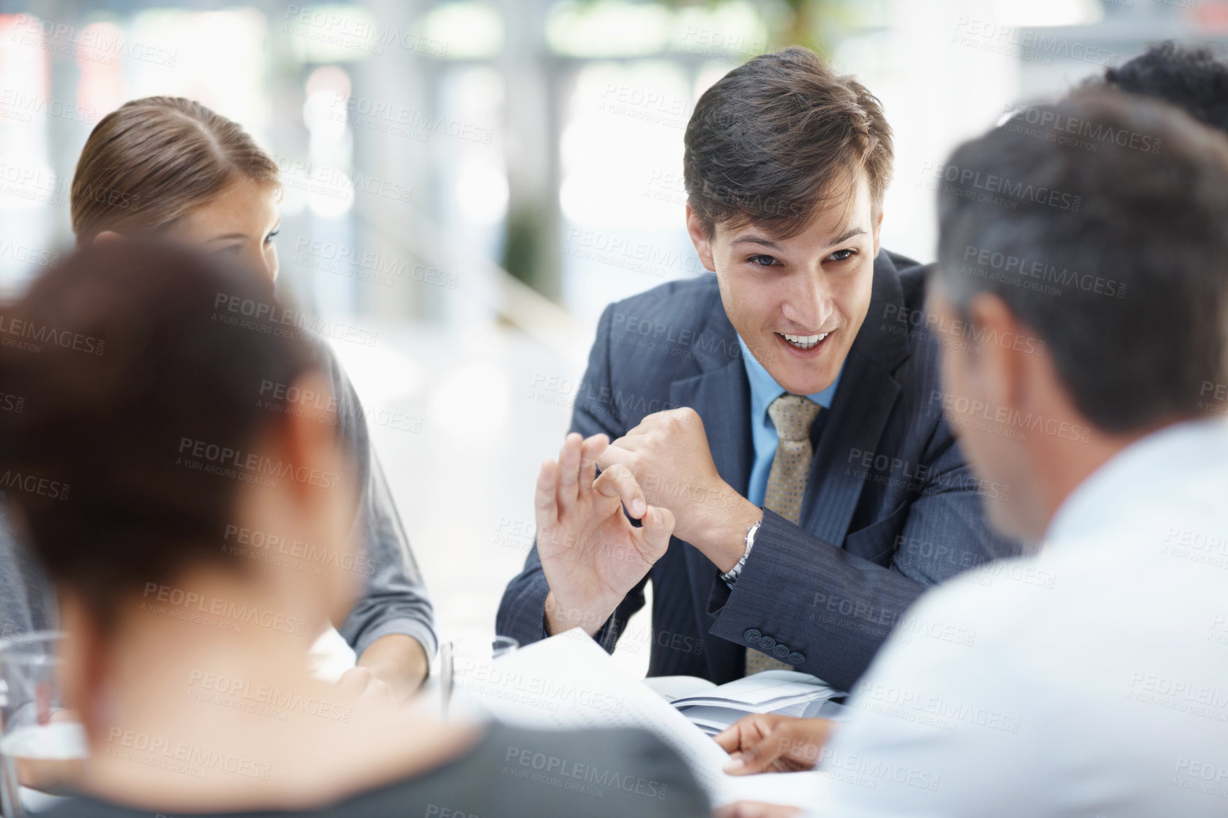 Buy stock photo Conversation, feedback and business people in meeting, planning and communication modern office Employees, happy group and corporate professional with discussion, teamwork and legal aid with ideas