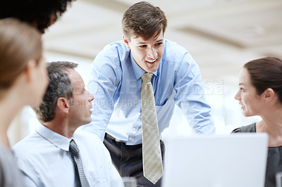 Buy stock photo Laptop, group and business people in meeting, planning and communication in office Employees, internet and corporate professional with discussion, teamwork and legal aid with website info or research