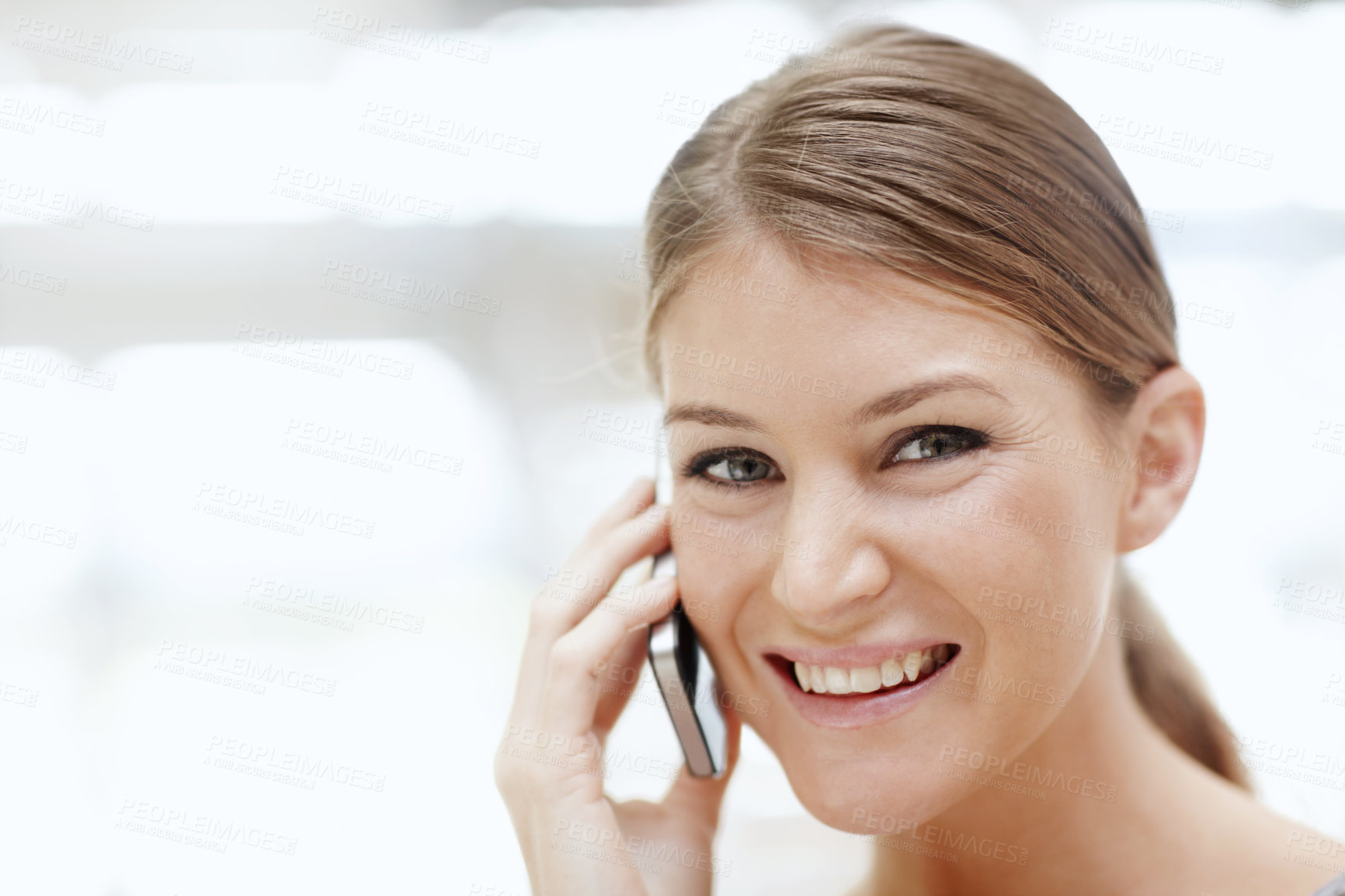 Buy stock photo Phone call, portrait and businesswoman in office with communication, networking or contact. Cellphone, happy and financial planner on mobile discussion with stakeholder client for investment.