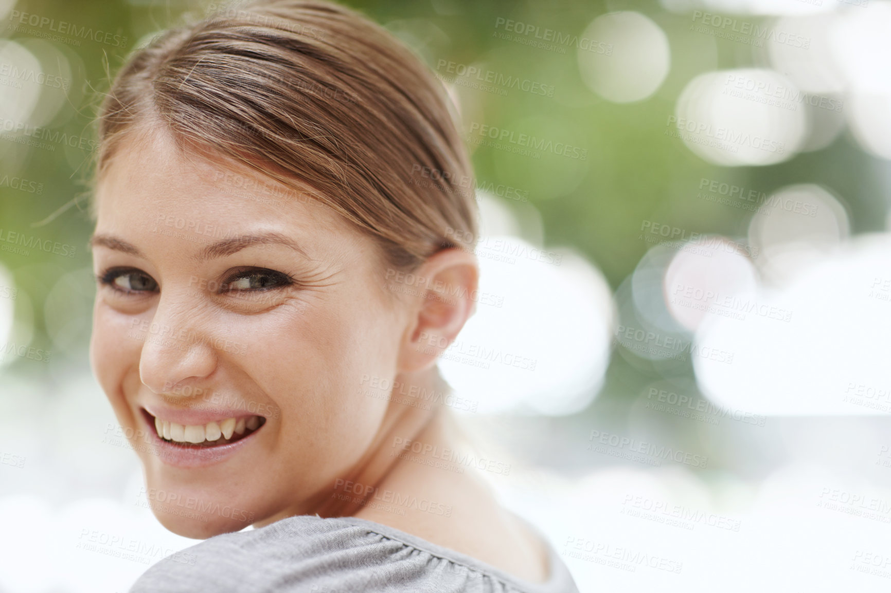 Buy stock photo Woman, portrait and happy outdoor for positive attitude, relax and sunshine with smile and joy. Female person, face and quiet in nature for peace, space and calm mood with bokeh and confidence