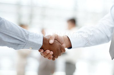 Buy stock photo Business people, handshake and meeting for partnership, deal or agreement together at the office. Closeup, employees and shaking hands in b2b support, teamwork or thank you with welcome at workplace