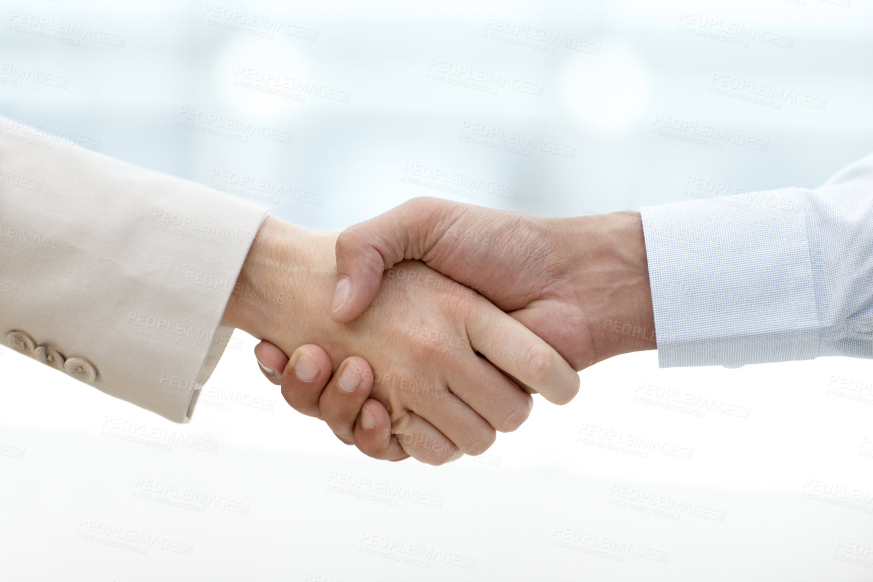 Buy stock photo Business people, handshake and meeting for welcome, deal or agreement together at the office. Closeup, employees and shaking hands in b2b support, thank you or partnership with teamwork at workplace