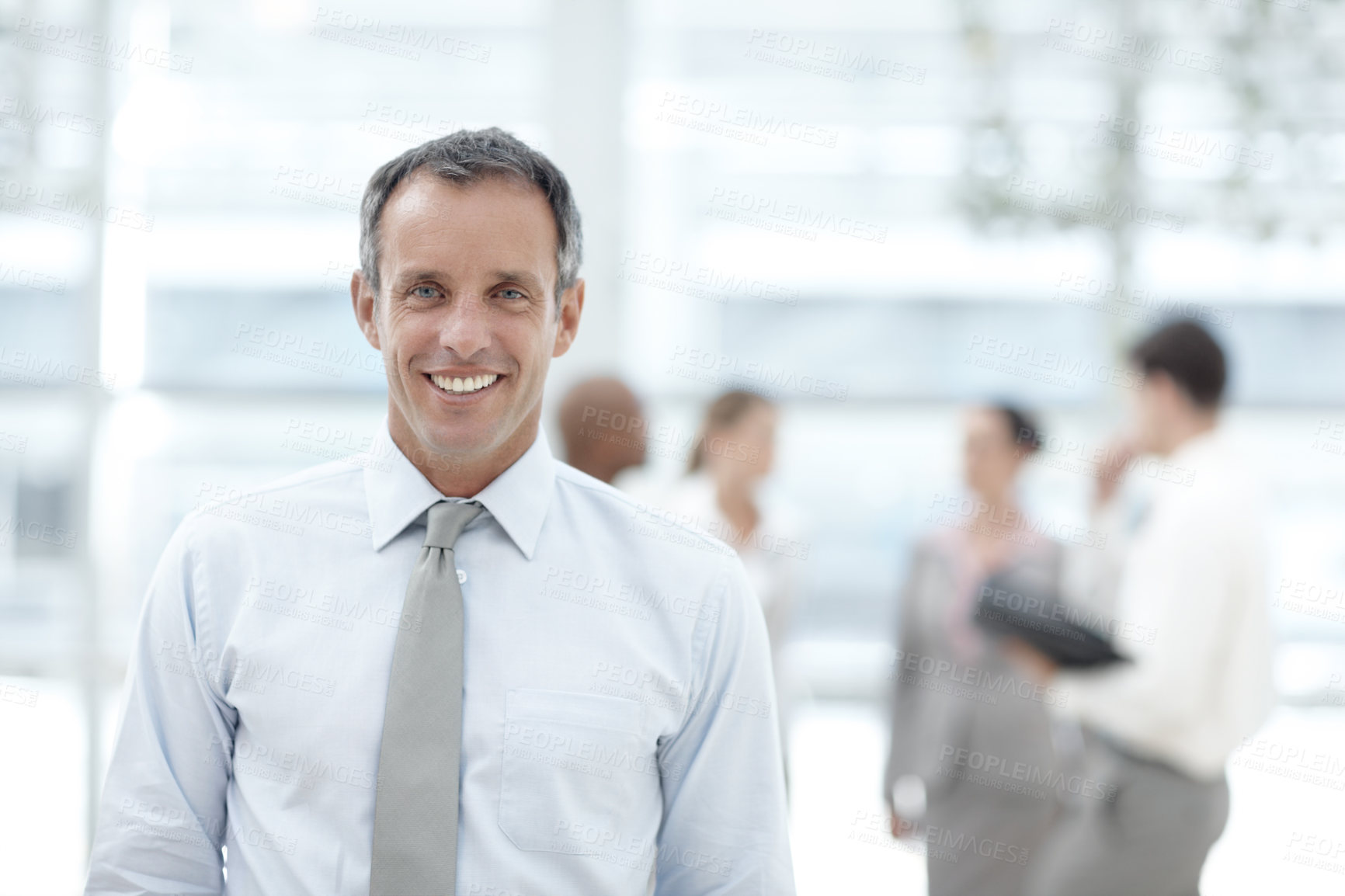 Buy stock photo Portrait, mature or happy man in lobby for court case, justice or fair legislation with smile in office. Proud, lawyer and attorney in legal firm for consulting, private practice or workplace rights