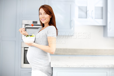 Buy stock photo Portrait, pregnant woman and eating salad in home with smile, healthy breakfast and minerals for vitamins. Happy, hungry and mother to be with organic food for wellness, benefits and diet nutrition