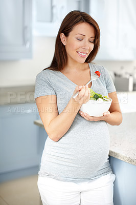 Buy stock photo Hungry, eating or pregnant woman with salad in home with smile, healthy breakfast or fruits for vitamins. Pregnancy, morning or mother to be with organic food for wellness, benefits or diet nutrition