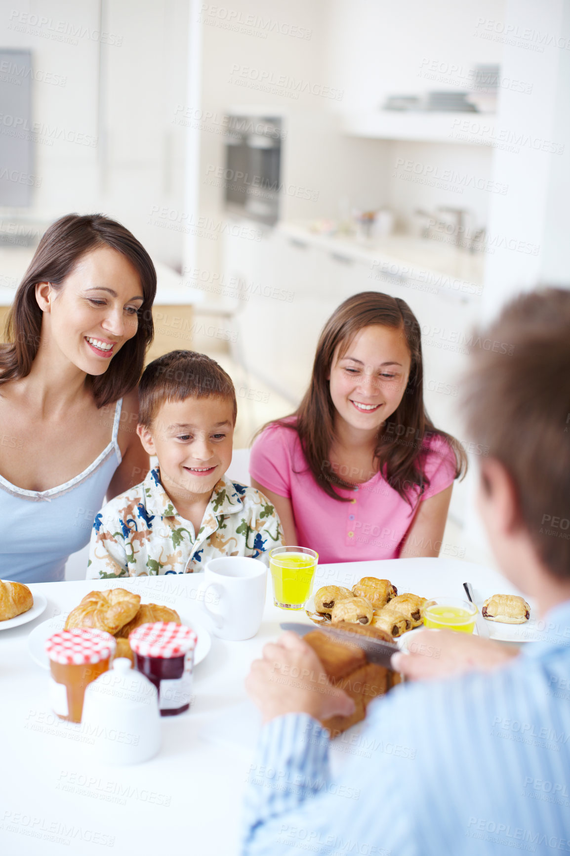 Buy stock photo Home, children and parents with bread for breakfast, ingredients and meal preparation in morning. Kitchen, mother and kids with father for cutting, sandwich and nutrition with food for happy family