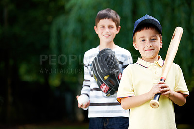 Buy stock photo Happy, boys and pitcher portrait with baseball, sport and fun together in park with game and smile. Ball, mockup and cute kids with bat to play outdoor with care, support and sibling love in garden