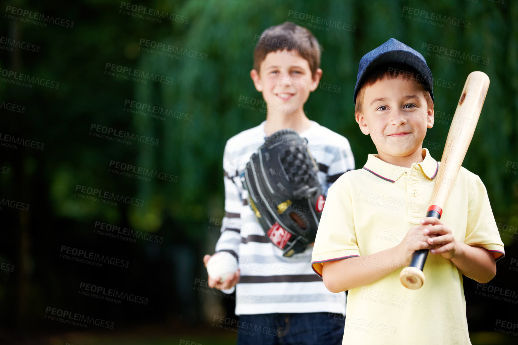 Buy stock photo Happy, boys and pitcher portrait with baseball, sport and fun together in park with game and smile. Ball, mockup and cute kids with bat to play outdoor with care, support and sibling love in garden