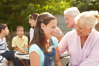 Buy stock photo Outdoor, grandmother and child with laugh for love, connection and bonding together with lunch. Happy people, senior woman and girl with smile for hug embrace, security and trust for brunch snack