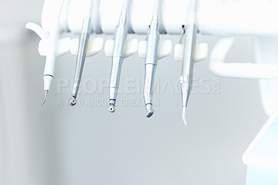 Buy stock photo Portrait of metallic dental instruments