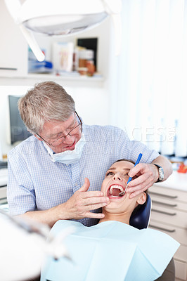 Buy stock photo Dentist, healthcare and woman with teeth cleaning, medical check and patient consultation for oral care. Wellness, consulting and hospital for dental hygiene, assessment and examination tools