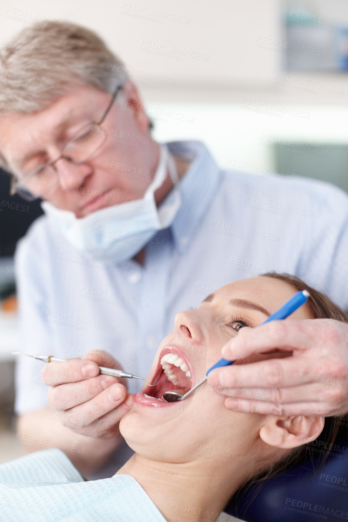 Buy stock photo Dentist, healthcare tool and woman with teeth cleaning, medical closeup and patient consultation for oral care. Wellness, consulting and hospital for dental hygiene, assessment and examination