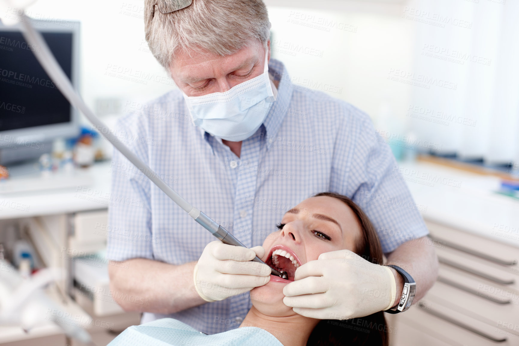 Buy stock photo Dentist, cleaning and woman with teeth care, medical check and patient consultation with oral exam. Wellness, consulting and hospital for dental hygiene, assessment and clinic tools in mouth