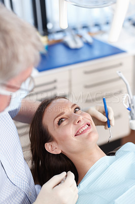 Buy stock photo High angle view of patient looking at dentist