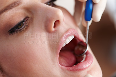 Buy stock photo Closeup of patients open mouth before oral checkup