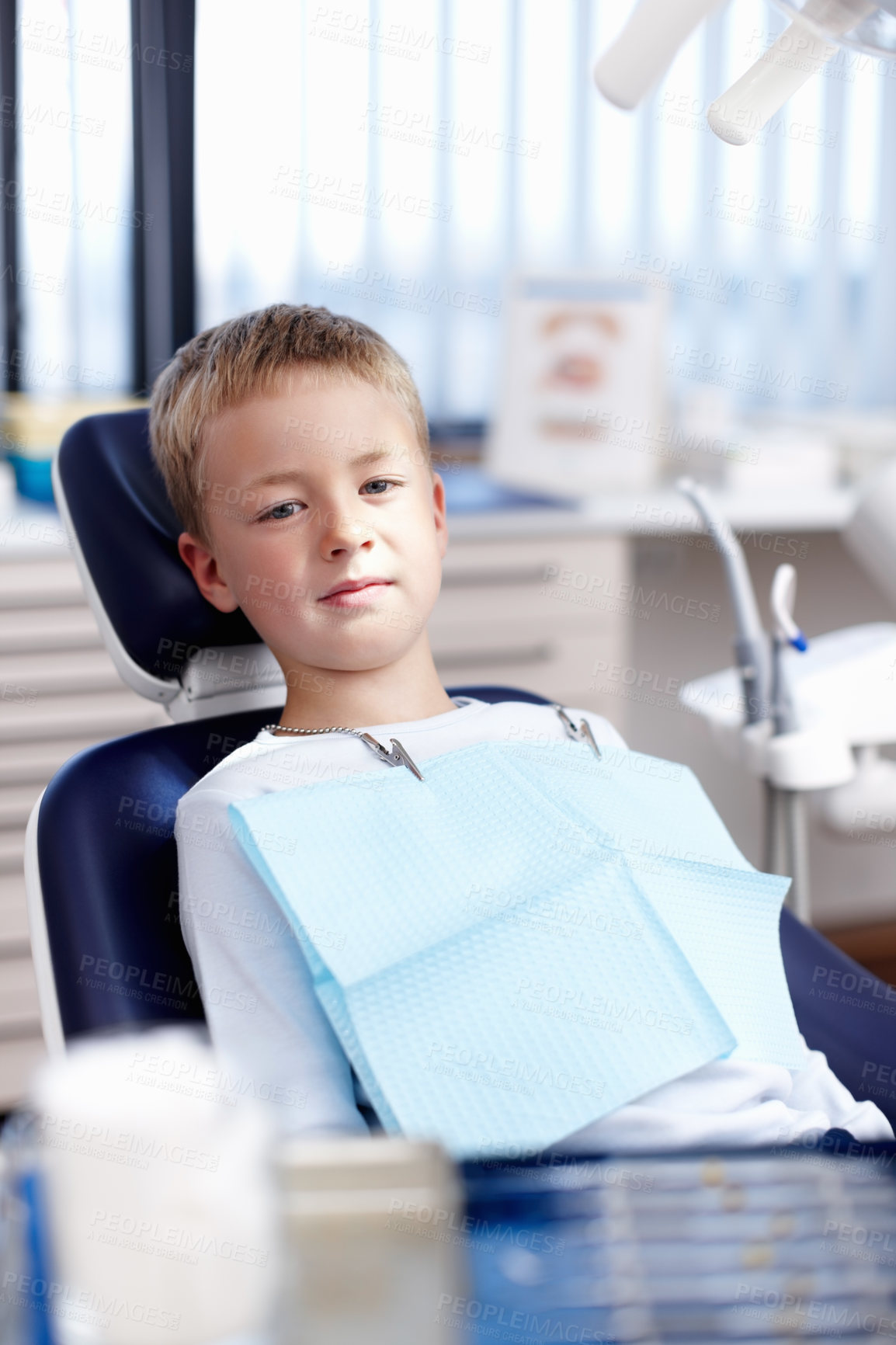 Buy stock photo Portrait of innocent small child at dentist office