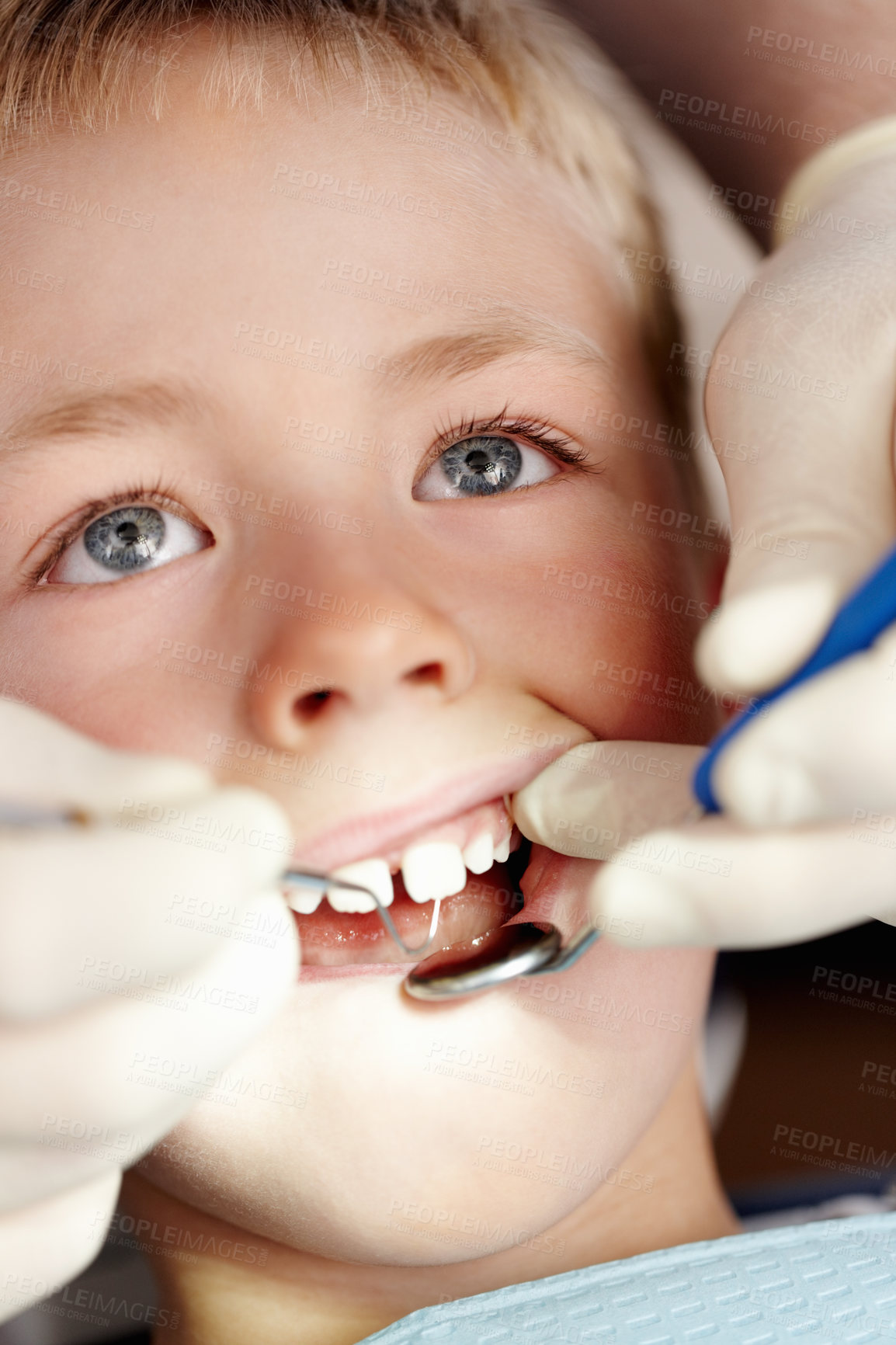 Buy stock photo Hands, dentist and boy with mirror of consultation, teeth whitening and oral inspection of dental hygiene. Orthodontics, child and tools with cleaning procedure, mouth assessment and braces treatment