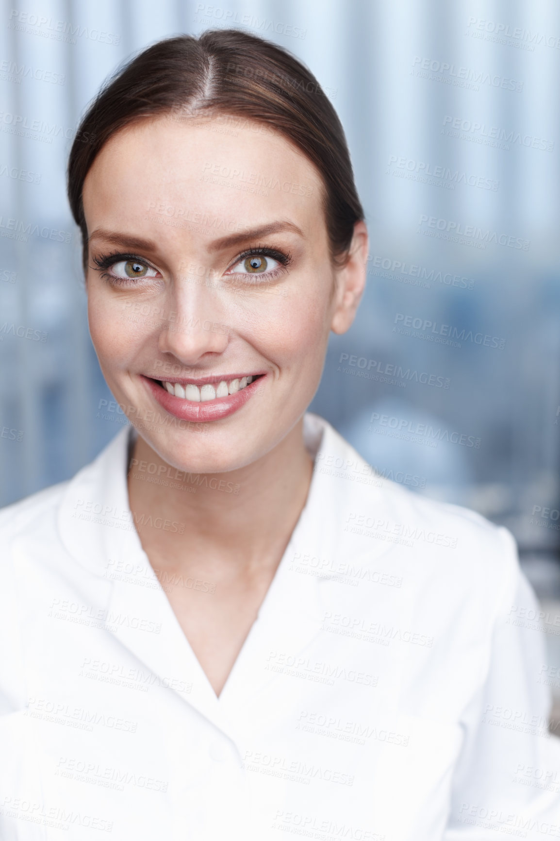 Buy stock photo Portrait, dentist and woman in office, healthcare and confident for dental health, happy and oral hygiene. Clinic, medical professional and person in uniform for tooth extraction, proud and Germany