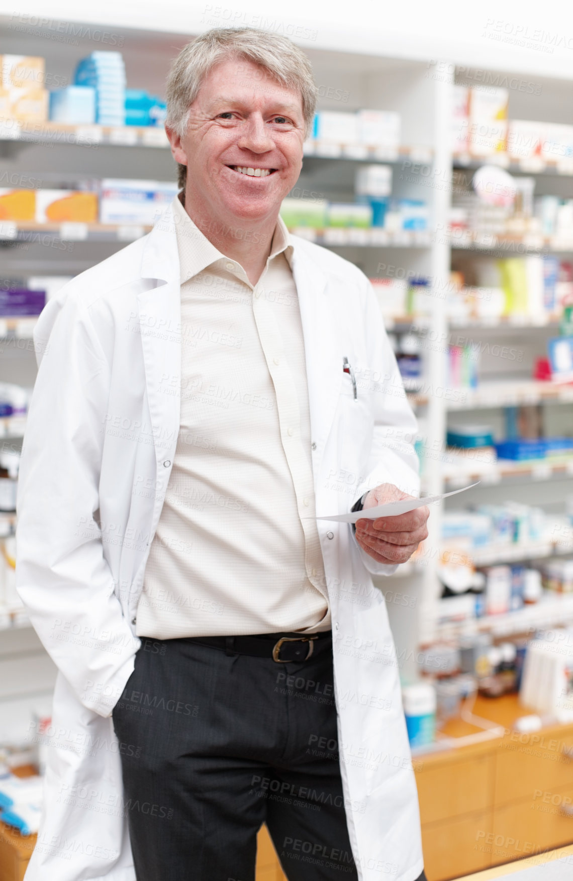 Buy stock photo Portrait, man and pharmacist with prescription, medicine and smile with notes. Face, mature person and employee in drug store, pharmacy and wellness with healthcare, antibiotics and medical.