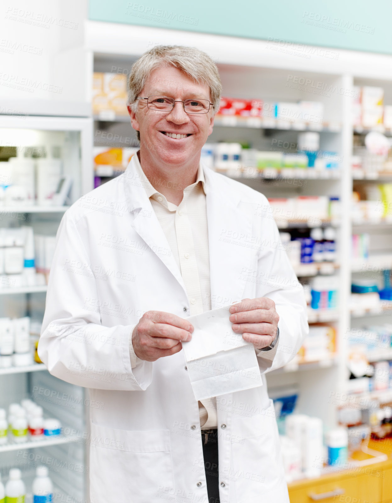 Buy stock photo Happy, portrait and pharmacist with prescription at dispensary for medication, supplements or pills. Mature chemist, inventory and male apothecary with stock list for medicine in drug store. 