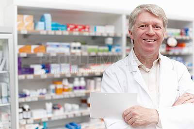 Buy stock photo Man, happy and portrait of pharmacist with prescription at dispensary for medication, supplements or pills. Chemist, inventory and senior male apothecary with stock list for medicine in drug store.