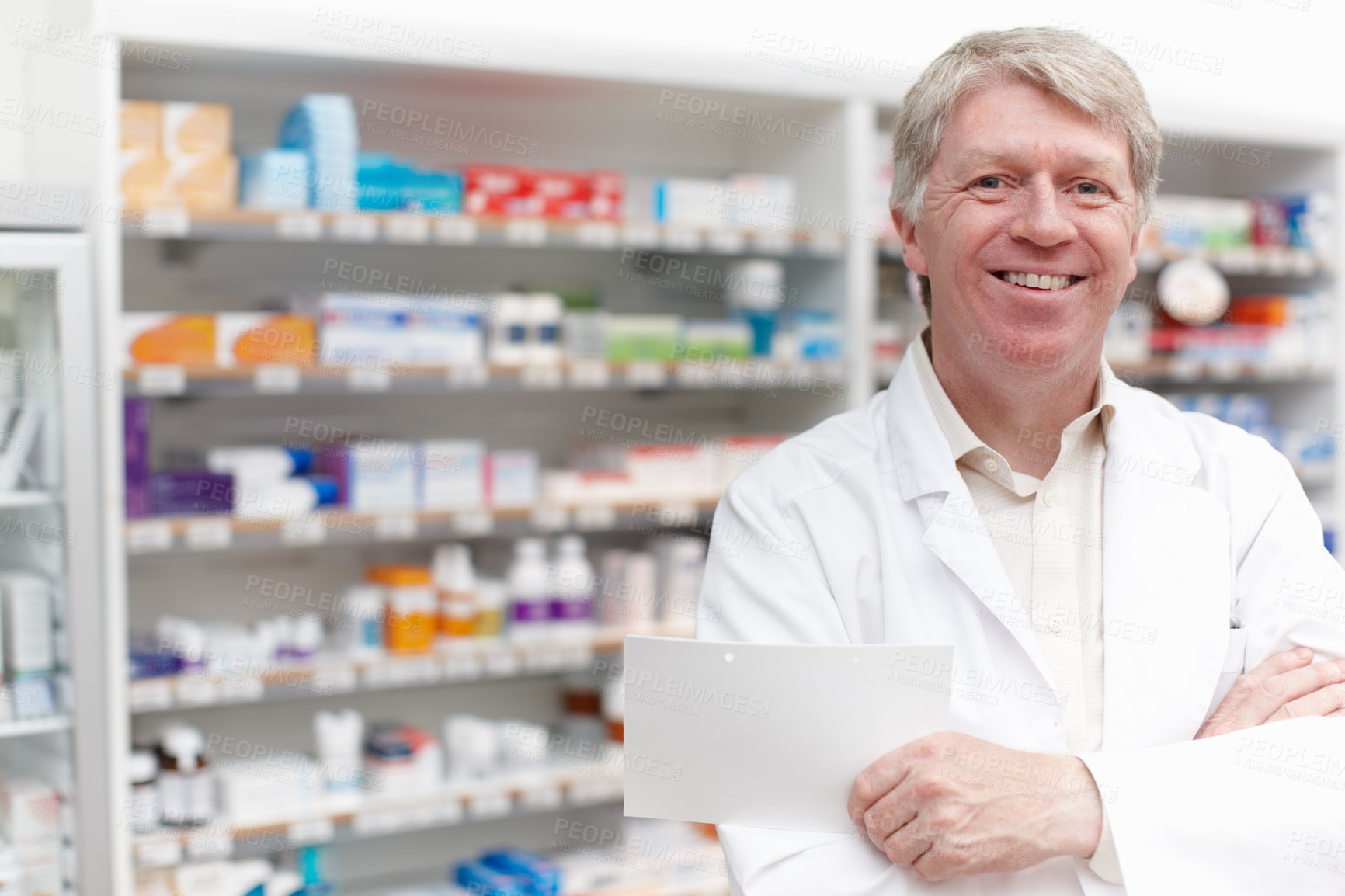 Buy stock photo Man, happy and portrait of pharmacist with prescription at dispensary for medication, supplements or pills. Chemist, inventory and senior male apothecary with stock list for medicine in drug store.