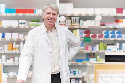 Buy stock photo Happy man, pharmacist and portrait in pharmacy for healthcare, friendly welcome and service. Mature chemist, smile and confident in drugstore for medicine dispensary, assistance and support in Canada