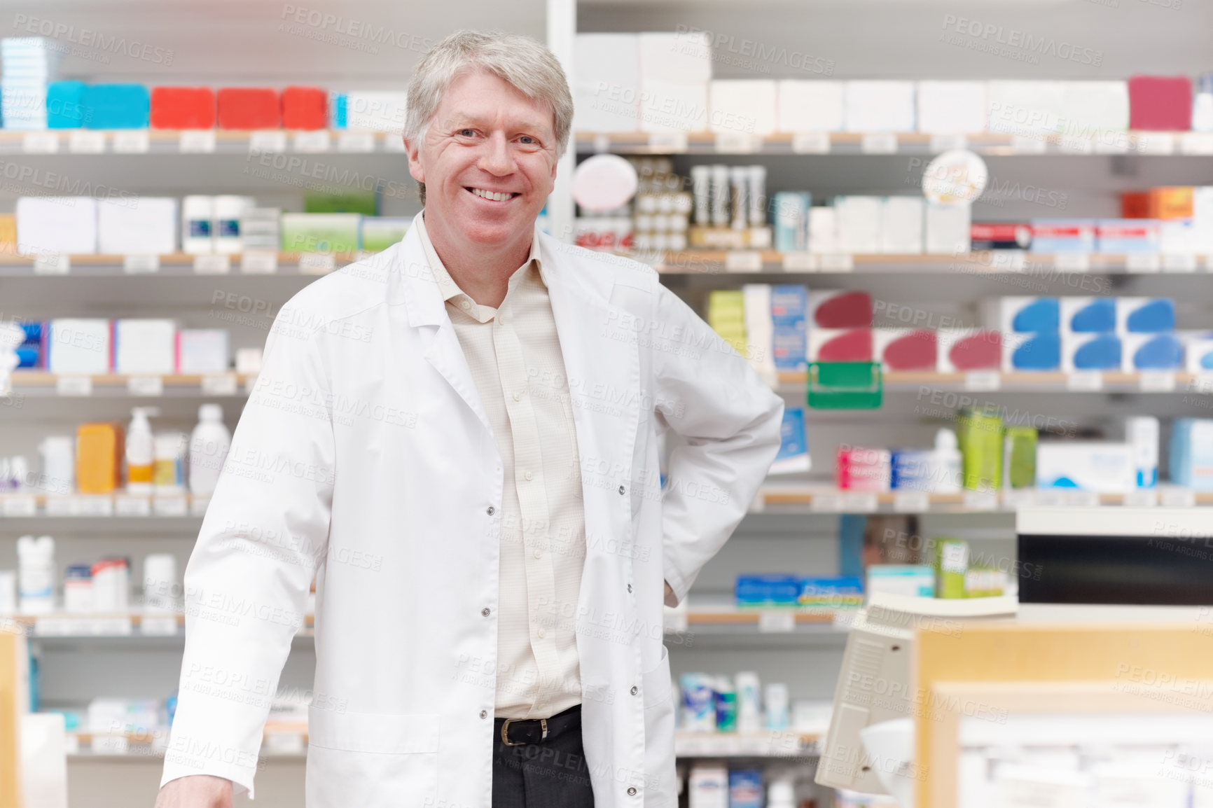 Buy stock photo Happy man, pharmacist and portrait in pharmacy for healthcare, friendly welcome and service. Mature chemist, smile and confident in drugstore for medicine dispensary, assistance and support in Canada