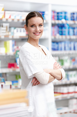 Buy stock photo Woman, pharmacist and smile with arms crossed on portrait for medication, prescription and service in Germany. Female person, shop manager and employee with confidence, pride and happy at pharmacy