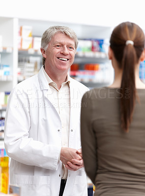 Buy stock photo Pharmacist, customer and advice for wellness, help or medicine as drugstore, chemist or pharmacy. Medical professional, male person and woman for prescription or info in dispensary as support or care