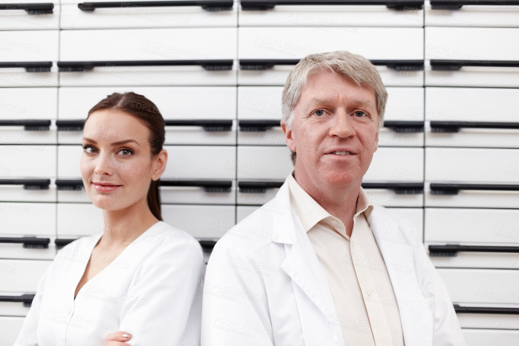 Buy stock photo Portrait, pharmacy and people with teamwork, medicine and cooperation with healthcare. Face, pharmacist and employees with tablets, organised and medical with professional, drug store and inventory