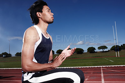 Buy stock photo Man, thinking and running track for sports, professional athlete and planning for race or competition. Male person, sportsman and outdoor for contemplating tournament, exercise and cardio challenge