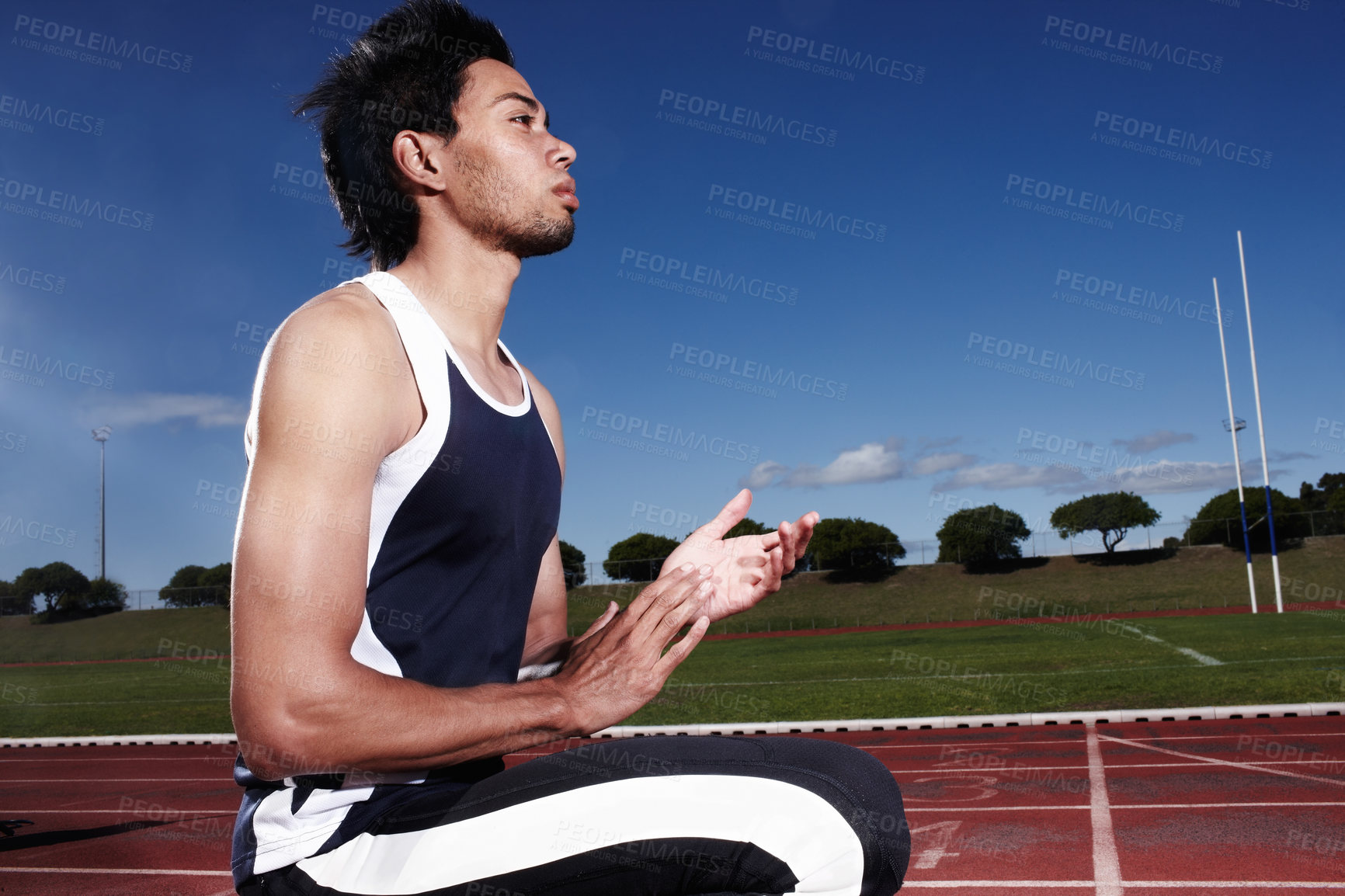 Buy stock photo Man, thinking and running track for sports, professional athlete and planning for race or competition. Male person, sportsman and outdoor for contemplating tournament, exercise and cardio challenge