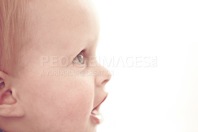 Buy stock photo A cute little baby boy with bright blue eyes 