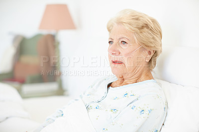 Buy stock photo Healthcare, senior woman and depression for illness, fear and thinking of disease, hospital or medicine. Mental health, contemplating and elderly person with dementia, treatment or worry for recovery