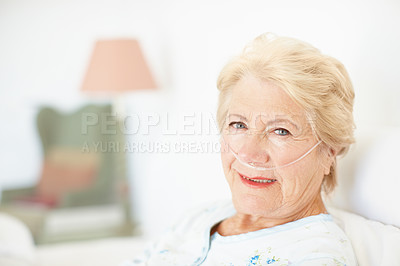 Buy stock photo Bed, woman and portrait with oxygen tube for recovery, healing and medical service for healthcare. Retirement home, female person and senior patient with ventilation for pneumonia, asthma or wellness