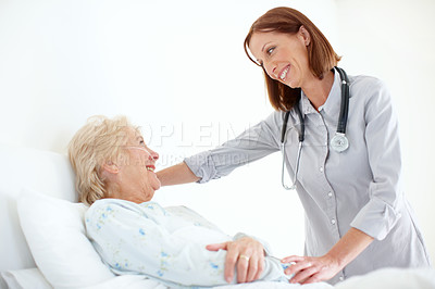 Buy stock photo Healthcare, senior woman and doctor with checkup for recovery, compassion and consultation in bed. Hospital, cardiologist and happy elderly patient with oxygen tube for pneumonia, asthma and support