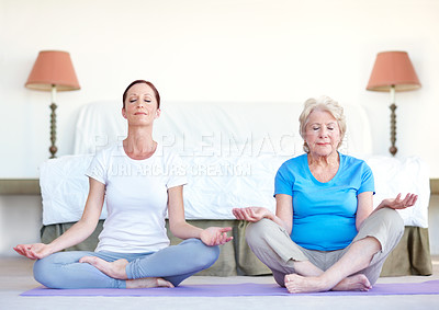 Buy stock photo Trainer, house and senior woman with meditation, lotus and zen with pilates, wellness and chakra. Apartment, break and pensioner with instructor, retirement and activity with healthy and fitness