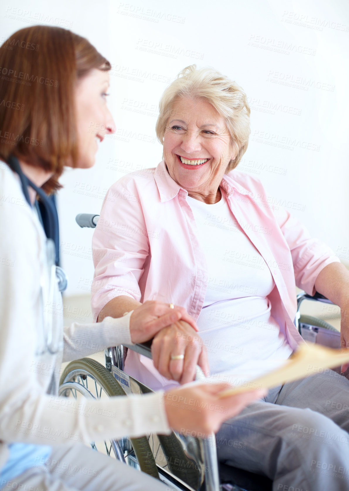 Buy stock photo Wheelchair, healthcare and support with old woman and caregiver for rehabilitation, consulting and results. Medical, retirement home and osteoporosis with senior person with a disability and nurse