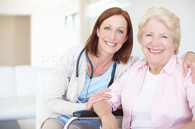 Buy stock photo Wheelchair, consulting and portrait with old woman and doctor for rehabilitation, medical and support. Healthcare, retirement home and osteoporosis with senior person with a disability and insurance