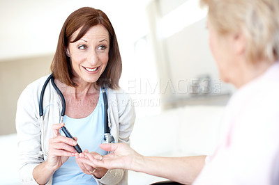 Buy stock photo Wheelchair, blood test and healthcare with old woman and doctor for rehabilitation, sugar level and insurance. Medical, retirement and diabetes with senior person with a disability and consulting