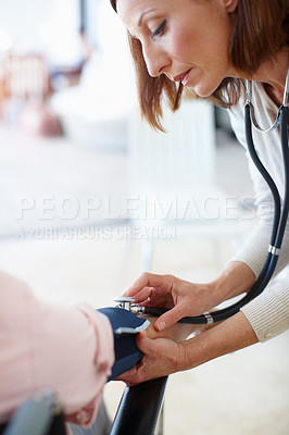 Buy stock photo Blood pressure, stethoscope and doctor with senior patient for medical service, exam and consulting. Healthcare, retirement and elderly person with disability for diabetes, heart rate or hypertension