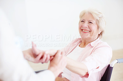 Buy stock photo Pulse, check and doctor with senior woman in wheelchair for medical service, consulting and exam. Nursing home, healthcare and elderly person with disability for appointment, heart rate or assessment