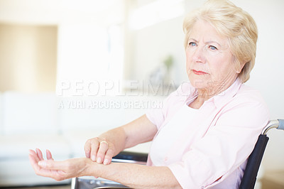 Buy stock photo Check pulse, house and old woman with wheelchair, retirement and calm with illness. Apartment, pensioner and person with disability, health and treatment with hypertension, thinking and heart